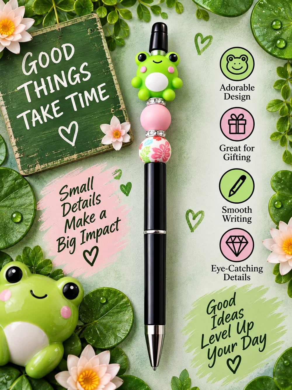 Handmade Cute Frog Top Black Pen with Pink and Green Beads!!